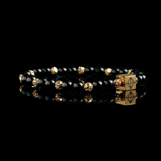 14K gold PARAT cube on Black Tourmaline 6mm protection bracelet - luxury EMF grounding jewelry men