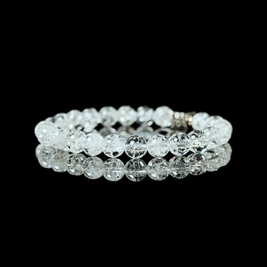 Cracked Quartz 8mm transparent crystal clarity with Stainless Steel cube detail
