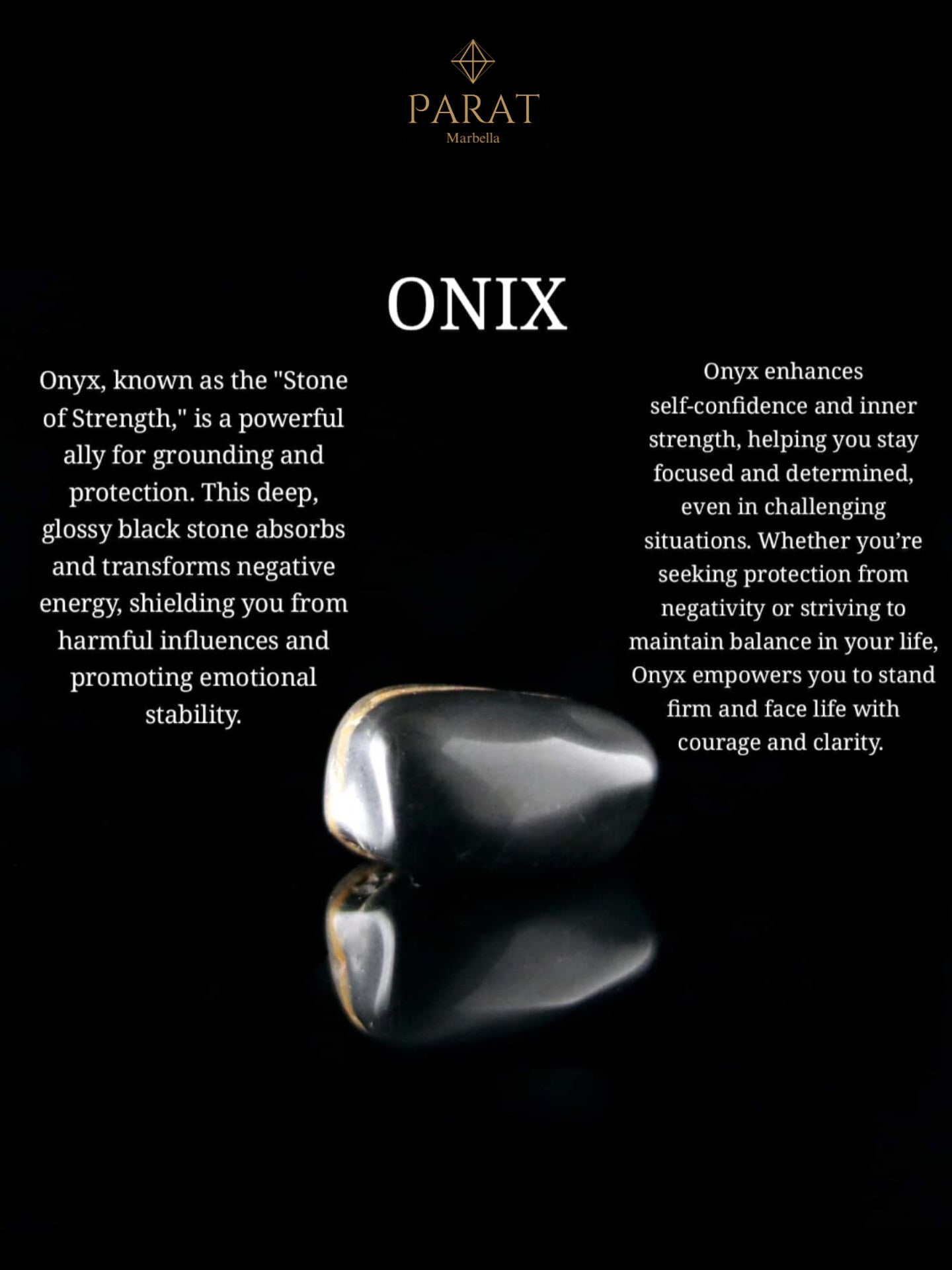 Black onyx gemstone healing properties and self-cofidence benefits information chart