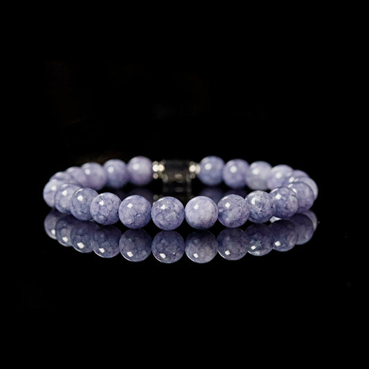 Angelite bracelet angle view - celestial blue gemstone 8mm