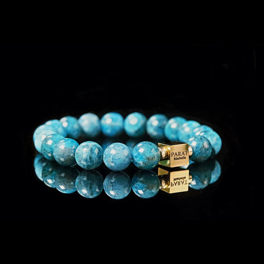 14K gold PARAT cube detail on Apatite manifestation bracelet 10mm