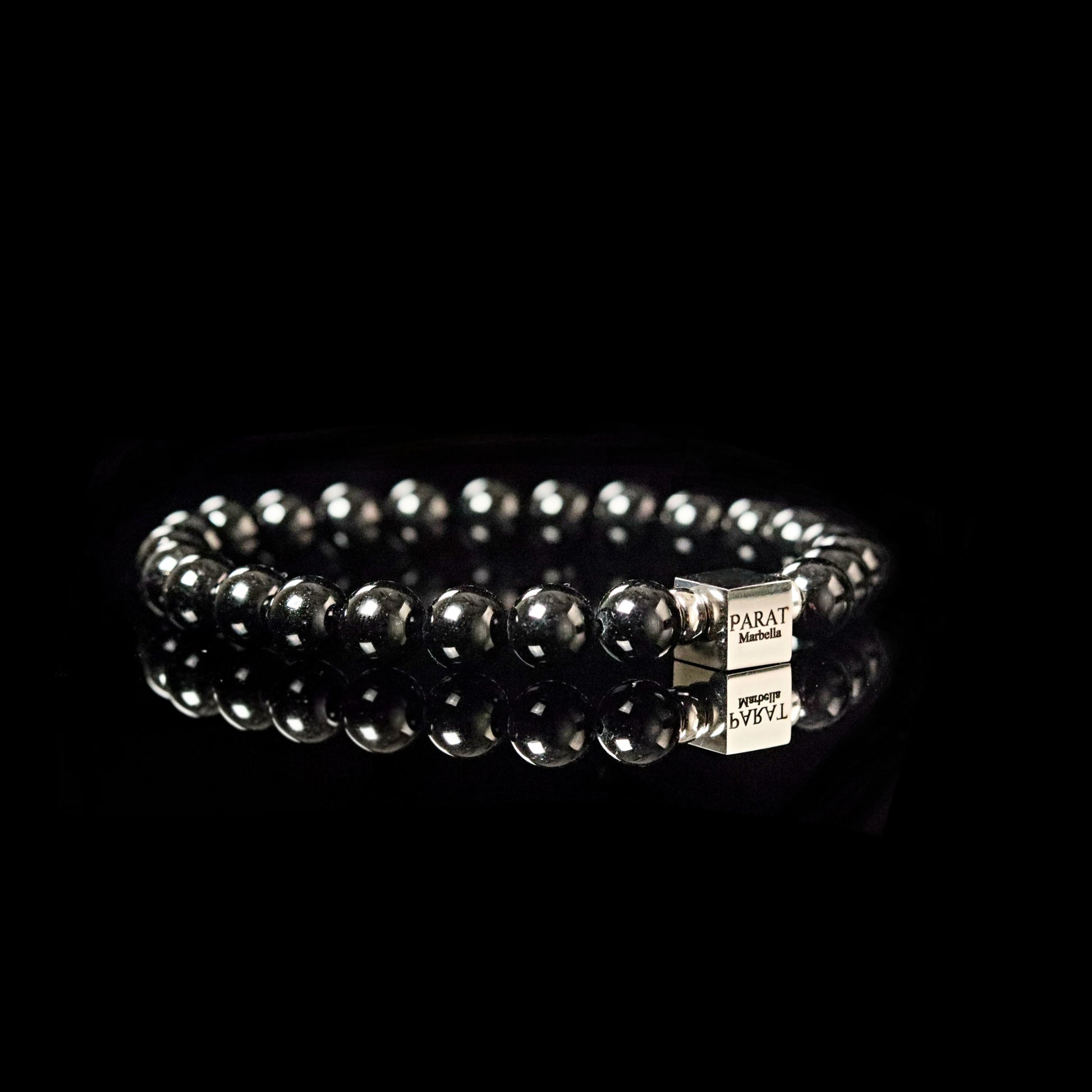 Premium Black Onyx 8mm bracelet reflection - polished black gemstone sterling silver men
