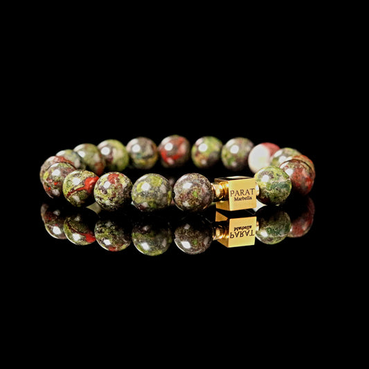 Bloodstone 10mm bracelet gold accents angle view - ancient heliotrope warrior stone men jewelry