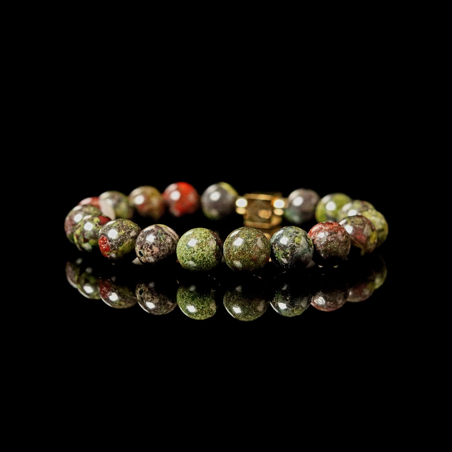 Bloodstone 10mm bracelet gold accents angle view - ancient heliotrope warrior stone men jewelry