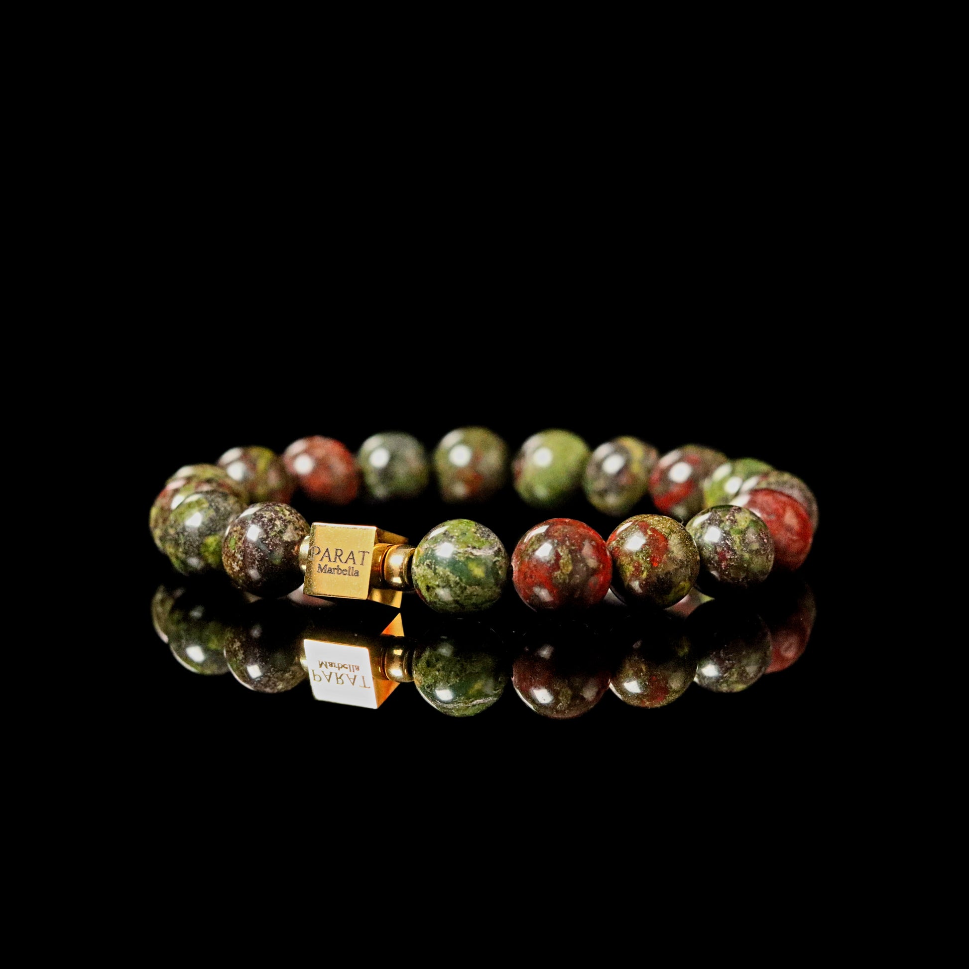 Bloodstone 10mm bracelet gold rings men - warrior stone courage healing green red PARAT Marbella