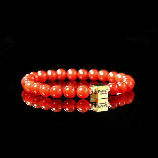 14K gold PARAT cube detail on Carnelian courage stone bracelet 8mm