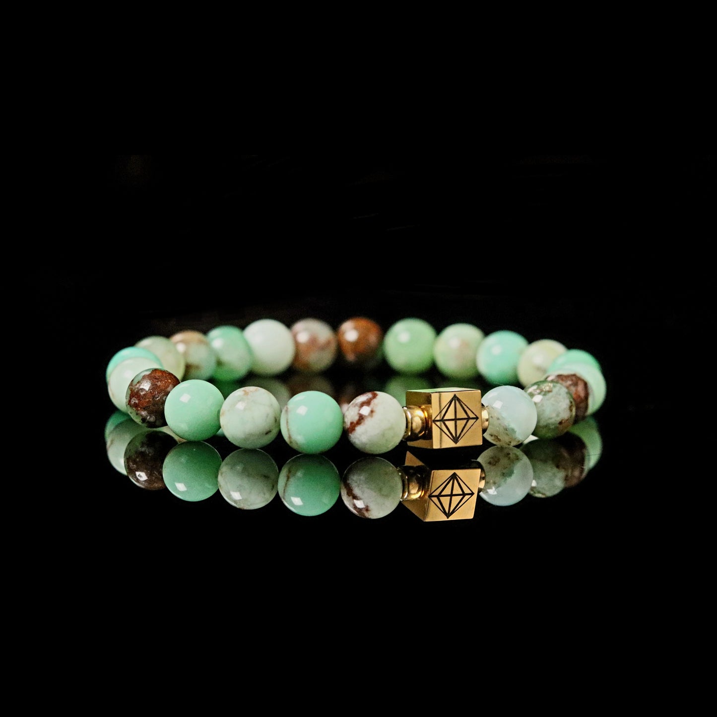 14K gold PARAT cube detail on Chrysoprase prosperity bracelet 8mm
