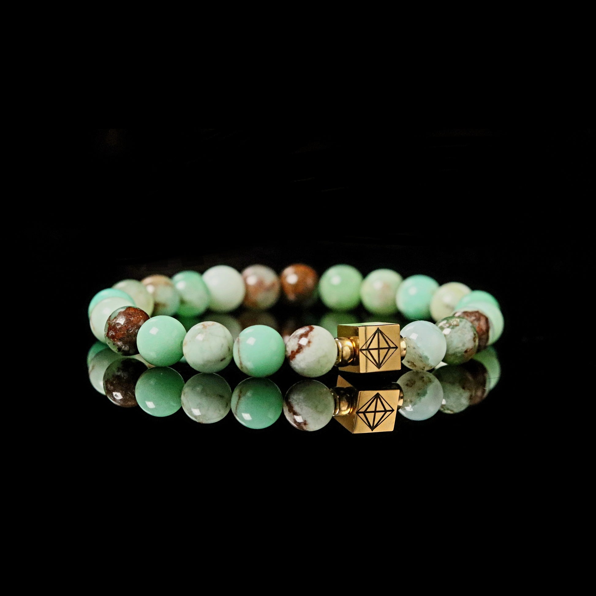 14K gold PARAT cube detail on Chrysoprase prosperity bracelet 8mm