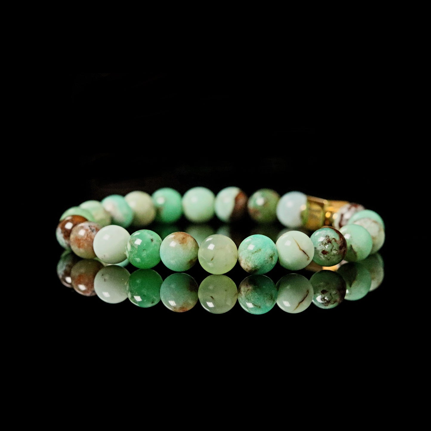 Chrysoprase apple green bracelet reflection - rare gemstone 14K gold luxury jewelry