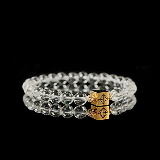 Premium Clear Quartz 8mm bracelet 14K gold reflection - master healer crystal jewelry men