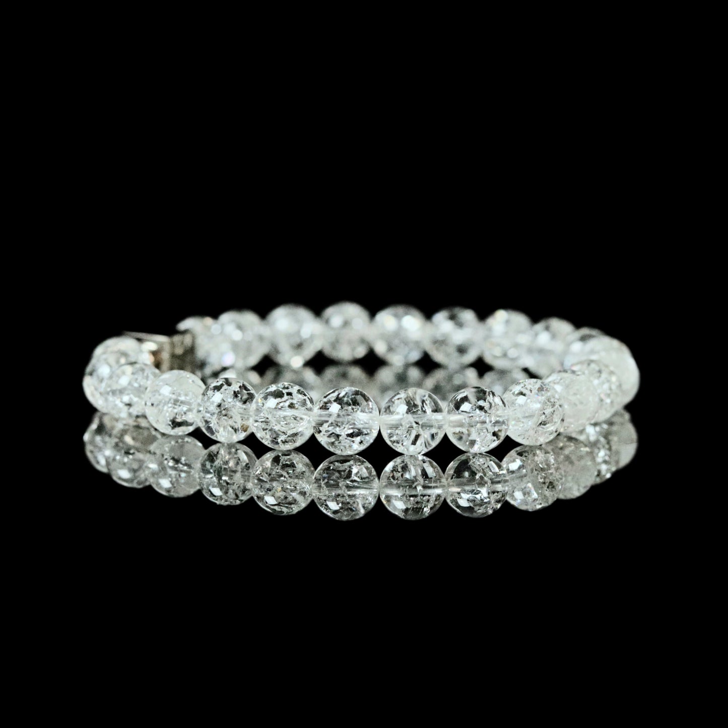 Cracked Quartz 8mm bracelet steel cube side view - natural crystal inclusions reflection