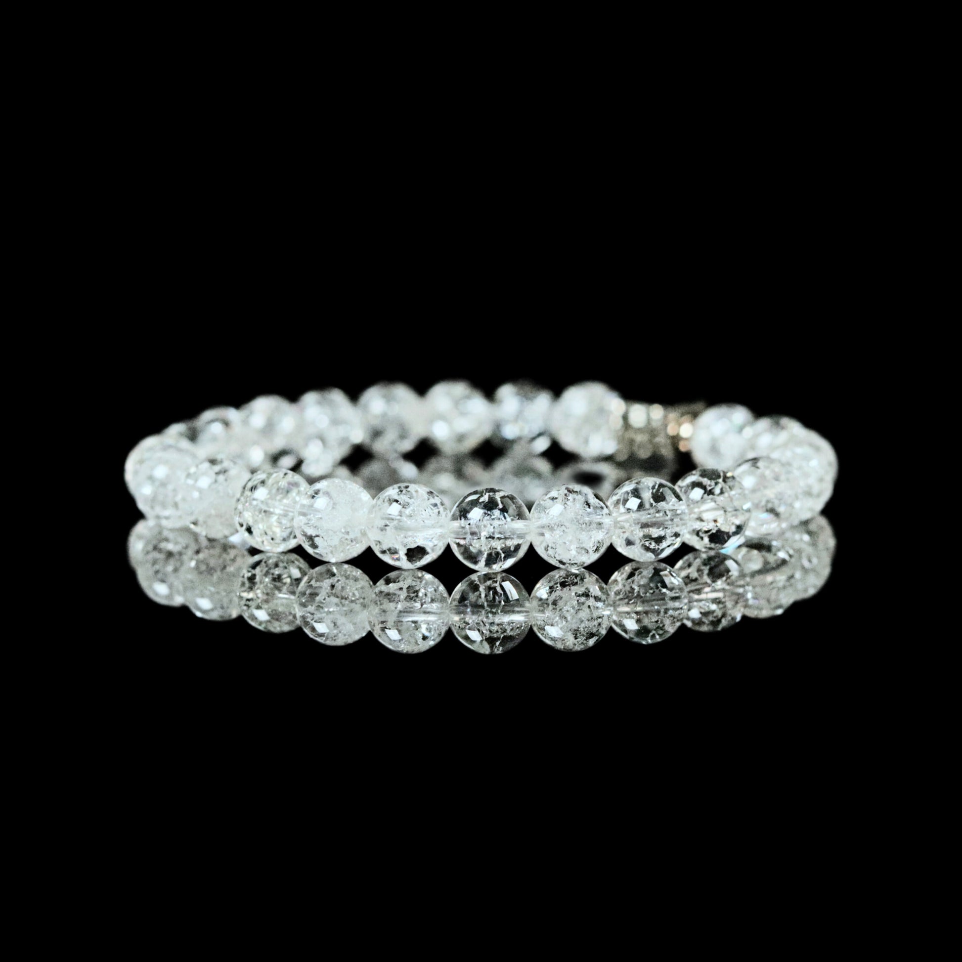 Cracked Quartz 8mm transparent crystal clarity with Stainless Steel cube detail