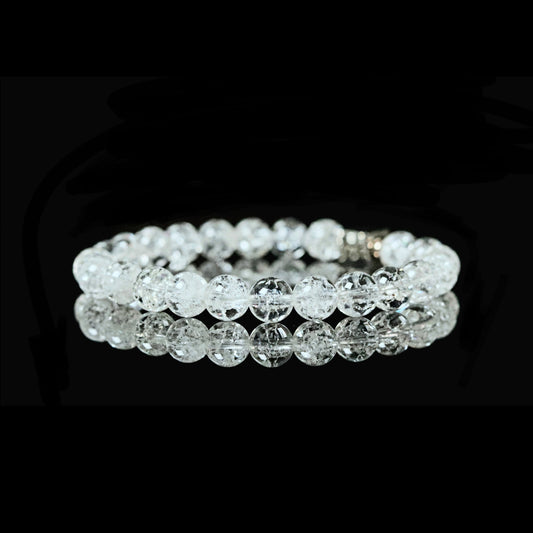 Cracked Quartz 8mm transparent crystal clarity with Stainless Steel cube detail
