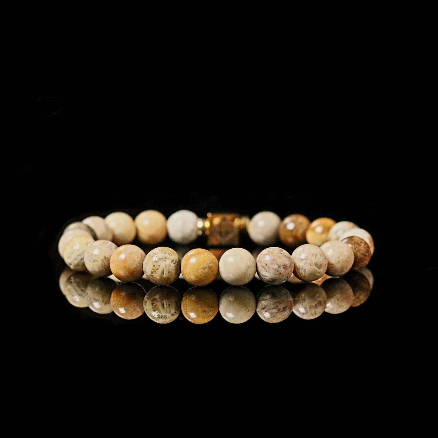 Premium Fossilized Coral 8mm bracelet 14K gold men - ancient ocean fossil PARAT Marbella