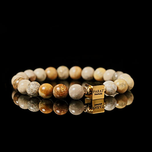 14K gold PARAT cube detail on Fossilized Coral ancient stone bracelet