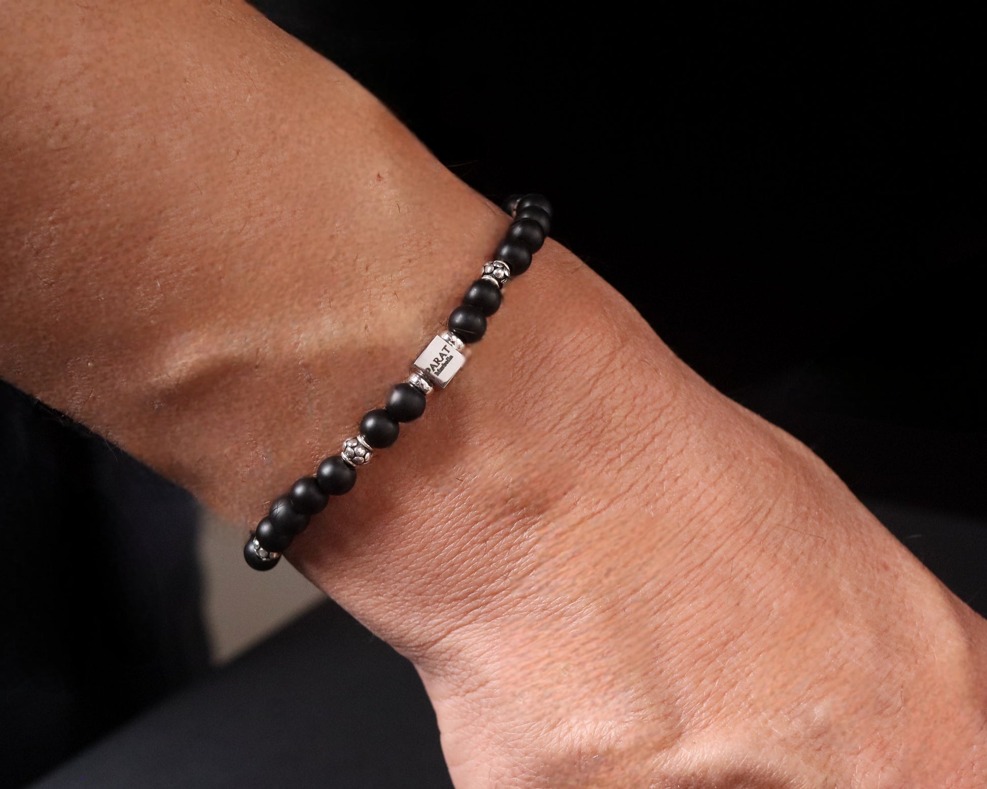 Frosted Onyx matte black bracelet sterling silver worn wrist - edgy masculine jewelry men