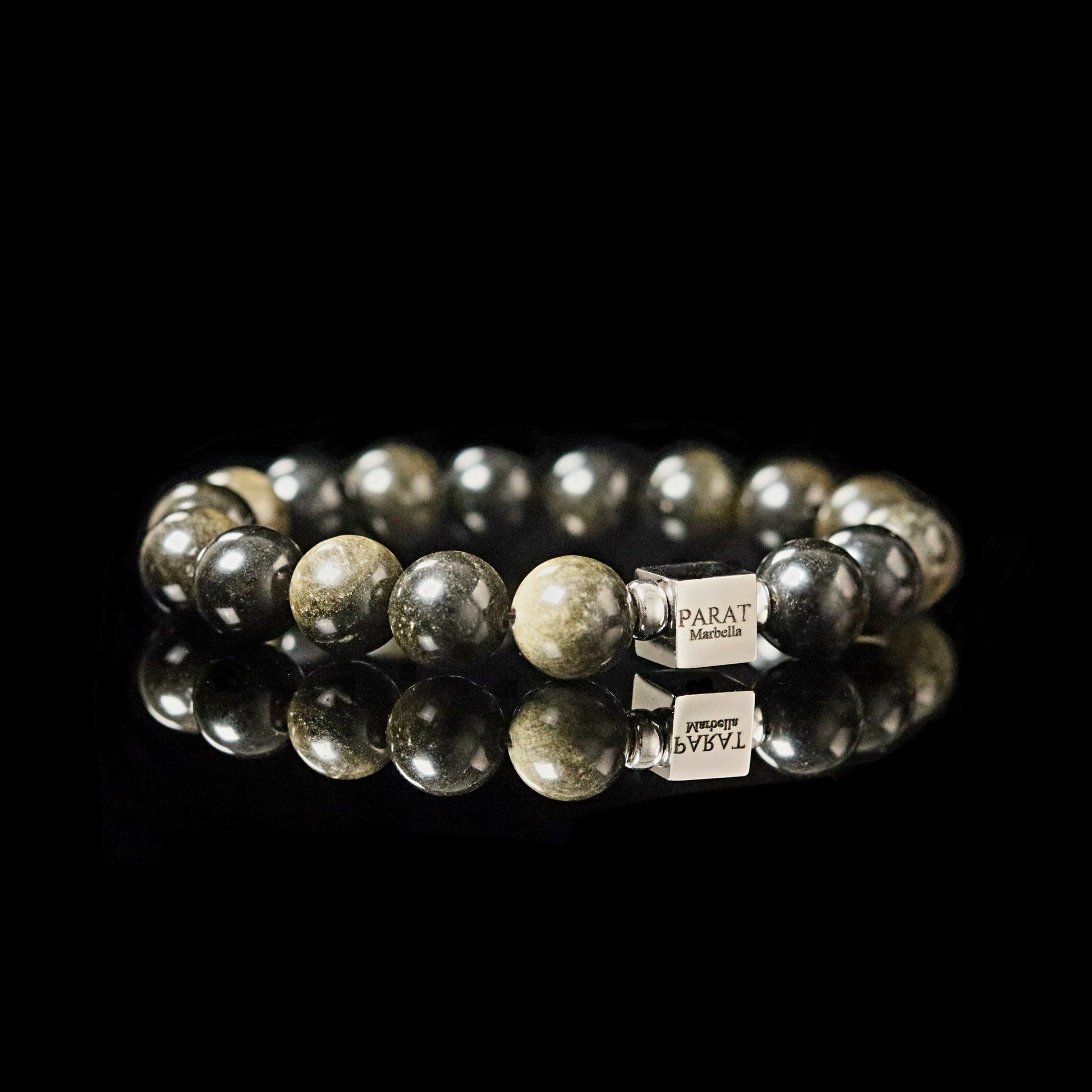 Bold Golden Sheen Obsidian 10mm bracelet sterling silver men - protection stone PARAT Marbella