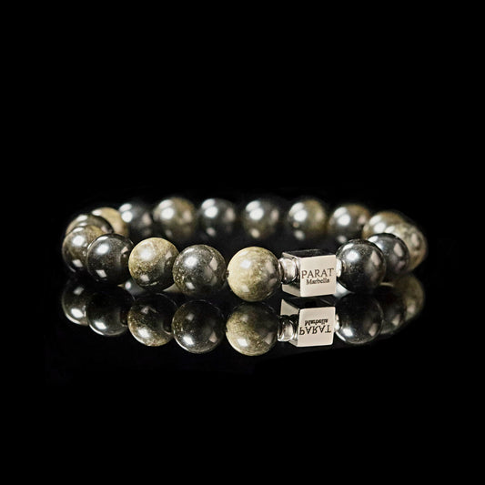 Bold Golden Sheen Obsidian 10mm bracelet sterling silver men - protection stone PARAT Marbella