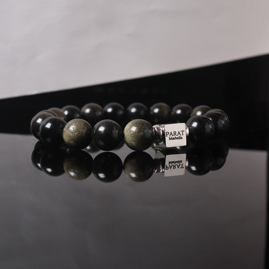 Sterling silver PARAT cube detail on Golden Sheen Obsidian 10mm protection bracelet