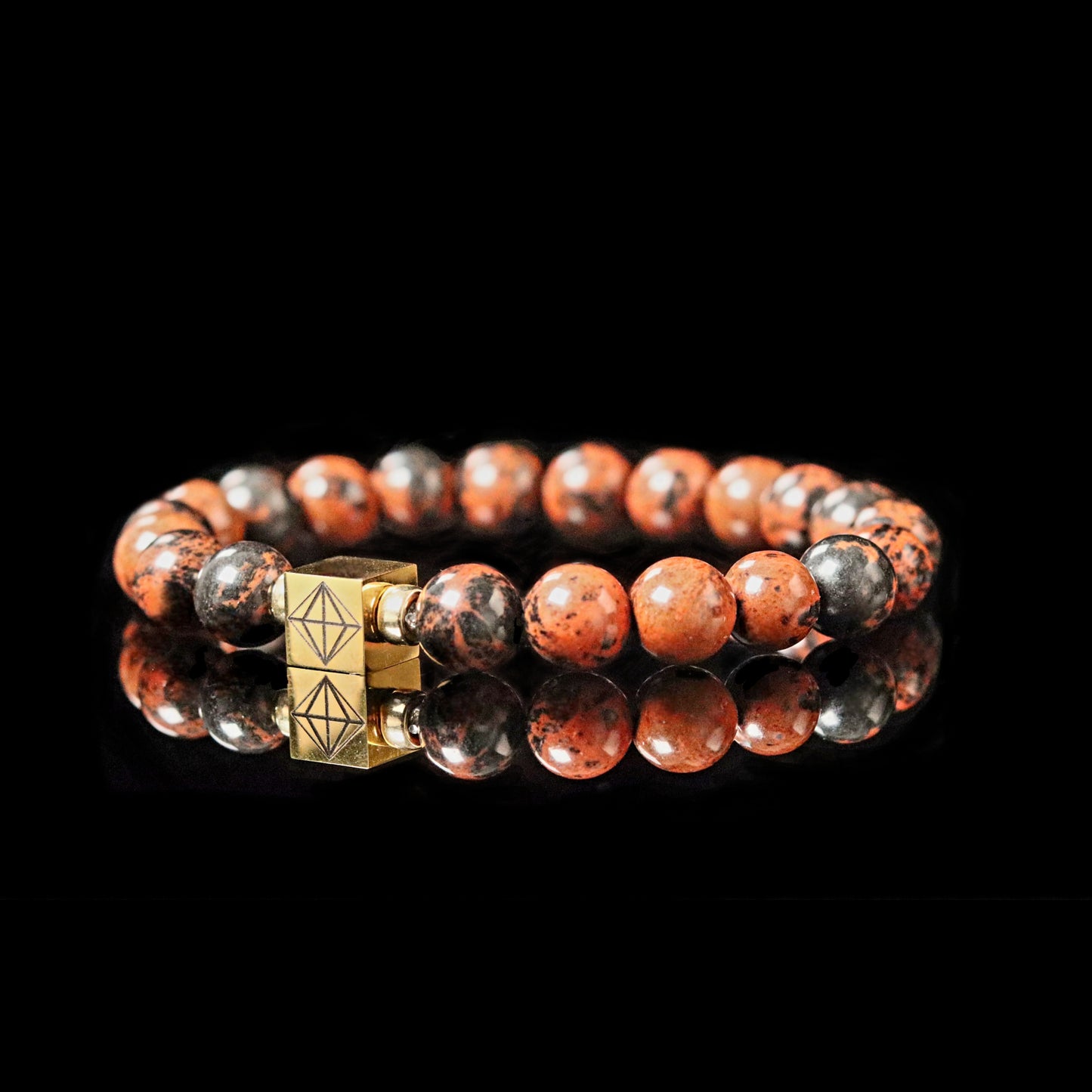 14K gold PARAT cube detail on Mahogany Obsidian strength stone bracelet