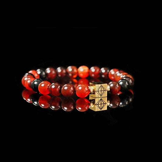 Premium Red Agate 8mm bracelet 14K gold reflection - vitality stone natural banding men
